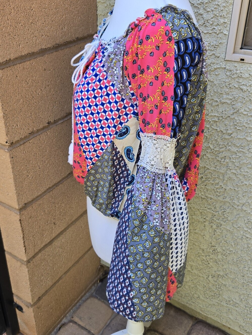 Cliche Boho Patchwork Peasant Top in Pink & Navy - Picture 4 of 8